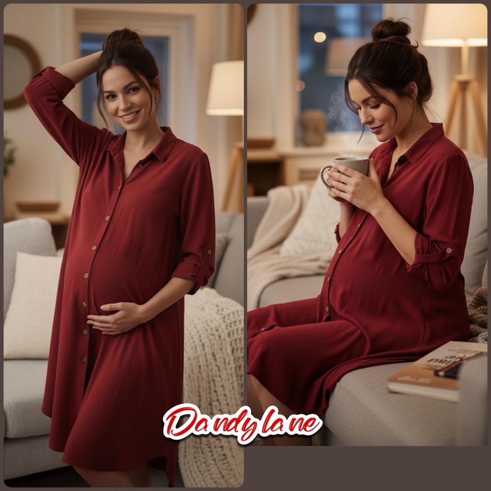 Maternity Brick Red Night Shirt Button Down Roll Tab Sleeves Size Large